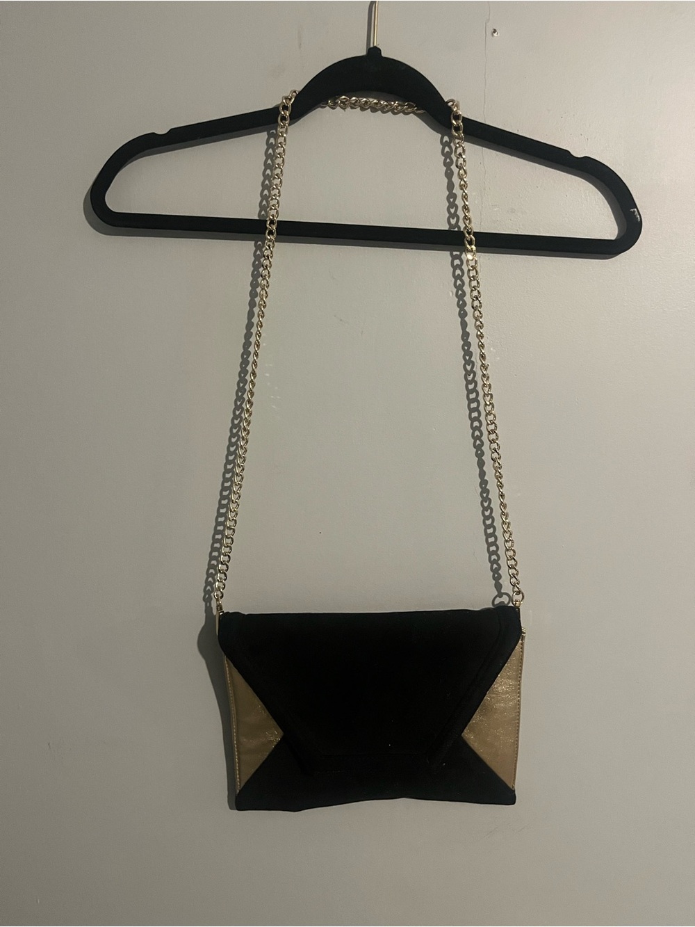 Express Black and Gold Chain-Strap Envelope Crossbody purse suede clutch evening